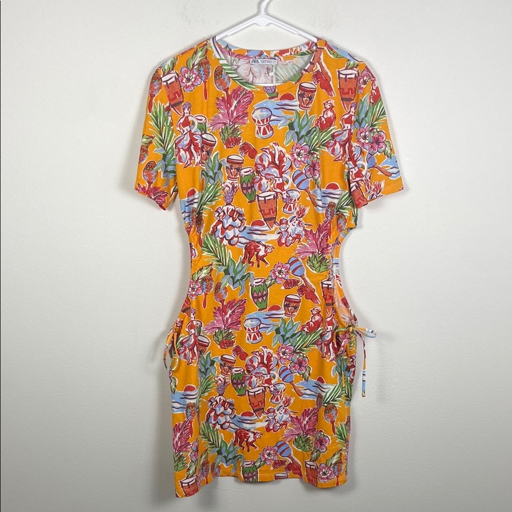 Zara Women's Medium Cut Out Short Sleeve Tropical Dress Summer Vacation Coastal